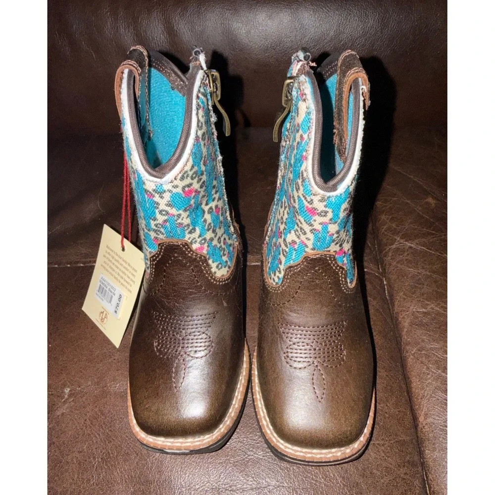 Girls Ariat Lil Stompers Sonora Cactus Leopard Print Brown Leather Boots Size 4